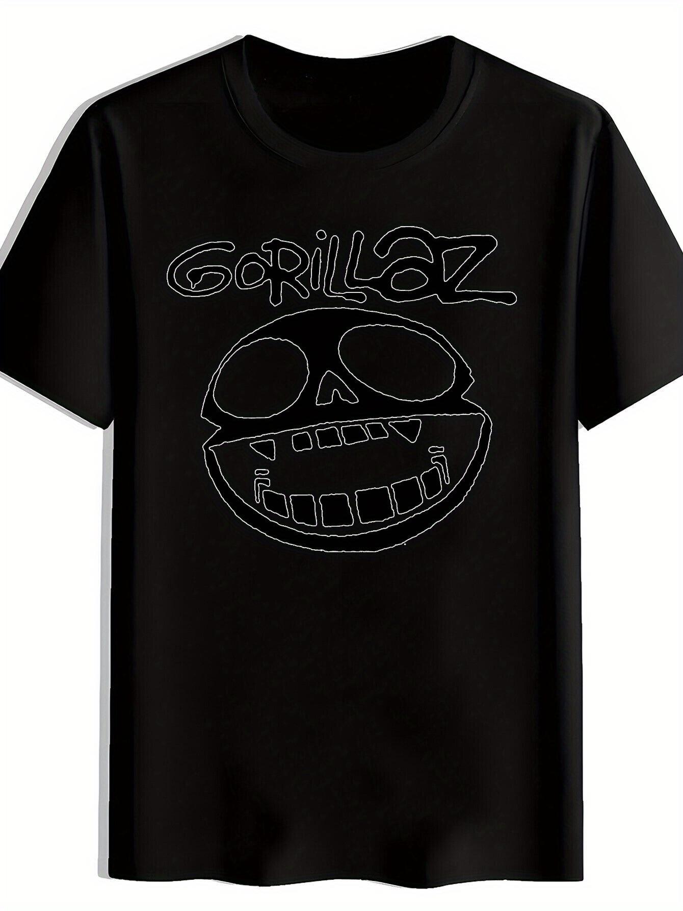 

Black Graphic T-shirt with Gorillaz & Skull Design - Soft Polyester Crew Neck Tee for Summer M