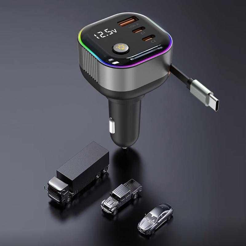 High Power Car Charger PD65W Retractable USB C Cable with 18W USB A /Type C Port Voltages Display Intelligent Protections