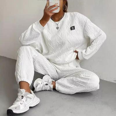 Ladies' Autumn and Winter Solid Color Jacquard Long Sleeved Casual Round Neck Sweatshirt and Pants Set