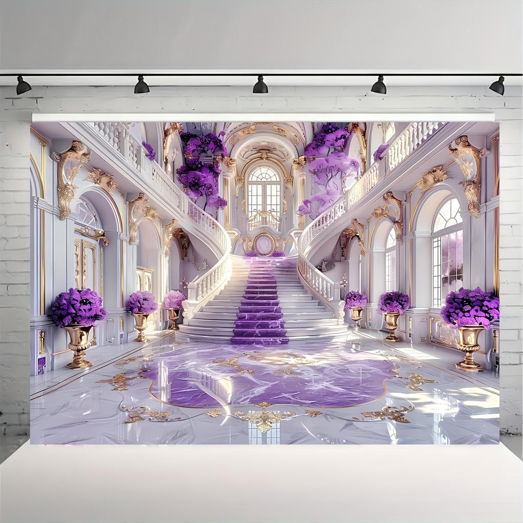 Multi-functional Purple and Gold Mansion Background and Large Staircase - Tropical Aquarium-themed Mermaid Birthday Party