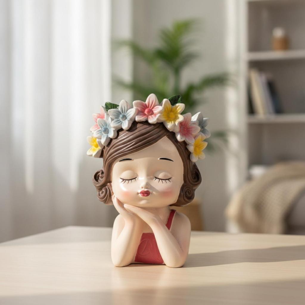 Girl Bust Flowerpot Indoor Head Planter Decorative with Flower Crown for Plant Lovers,