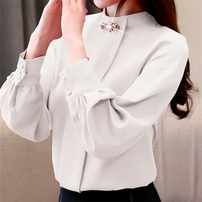 Korean Stand Collar Beading Solid Color Chiffon Shirt Temperament Office Lady Long Sleeve Blouse Women Bottoming Shirt Tops