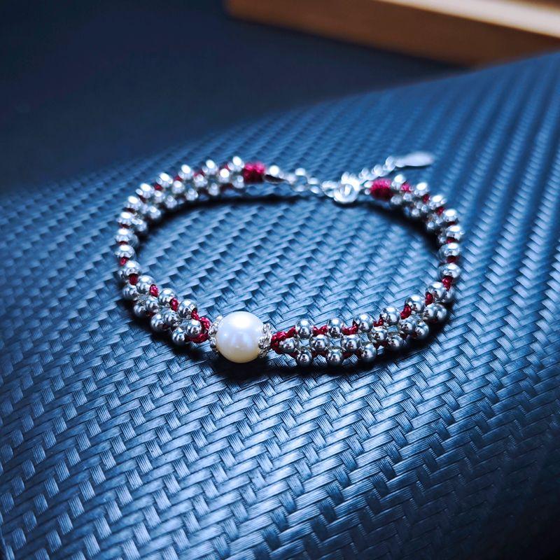 

Браслет из стерлингового серебра 925 пробы с жемчугом, женский, доступная роскошь, самый простой для сочетания, нишевый дизайн, ручное украшение для подруг, подарок на день рождения Wine red line sterling silver pearl bracelet(S925)