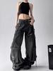 Women's Black Deconstructed Ribbon Hole Wide-Leg Cargo Jeans with Multi-Pockets for Spring
