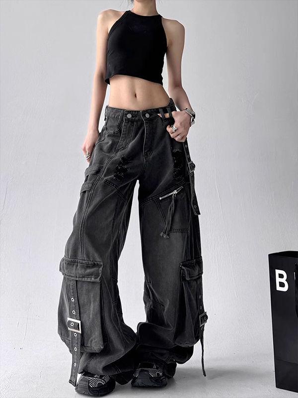 Women's Black Deconstructed Ribbon Hole Wide-Leg Cargo Jeans with Multi-Pockets for Spring