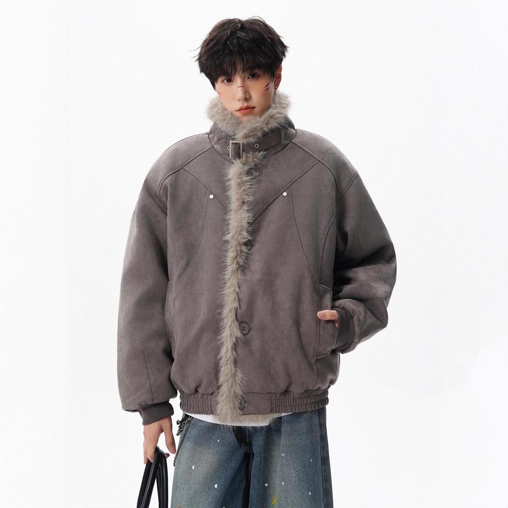 Unisex Korean Style Patchwork Cotton Jacket with Plush Lapel - Autumn/Winter Trend.