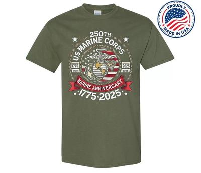 Maglietta Verde Militare 250° Anniversario del Corpo dei Marine degli Stati Uniti 1775–2025