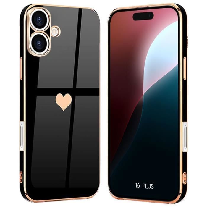 Coque de protection - Motif Cœur - pour iPhone 16 Plus - Souple - Anti-Rayure - Noir