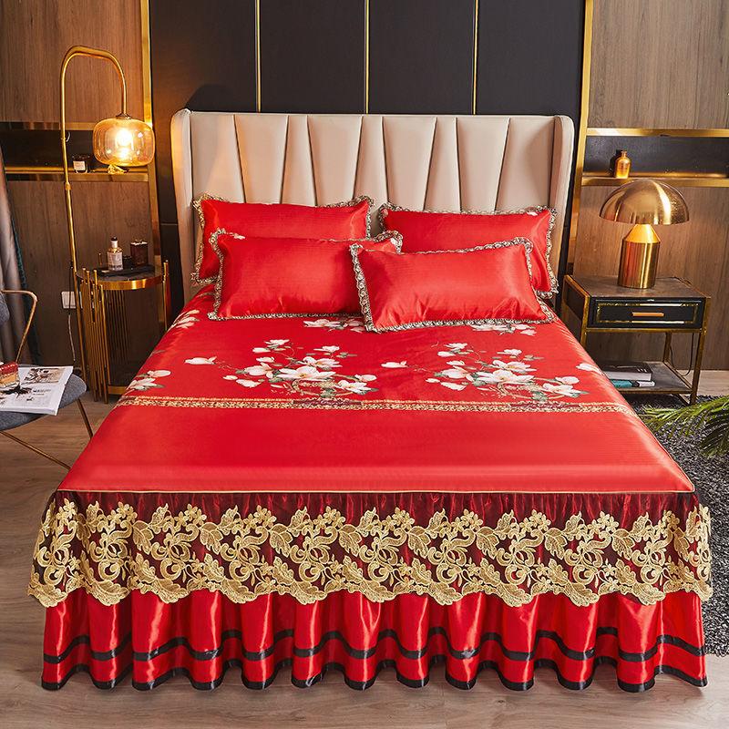 Fitted Sheet Summer Bed Skirt Single Piece Lace Princess Style Ice Silk Bed Cover (Three-piece Set) Machine Washable Bed Cover