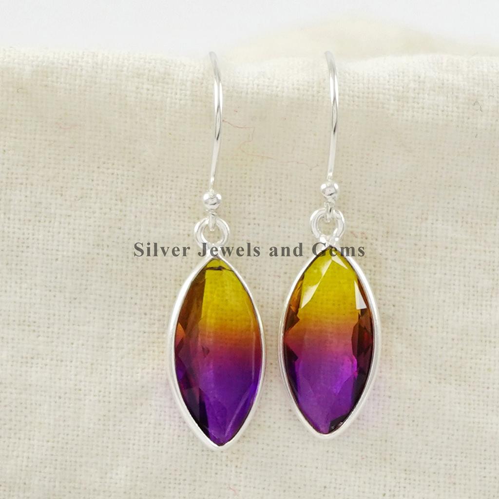 Marquise Ametrine Quartz Bezel Earrings: Handmade 925 Sterling Silver