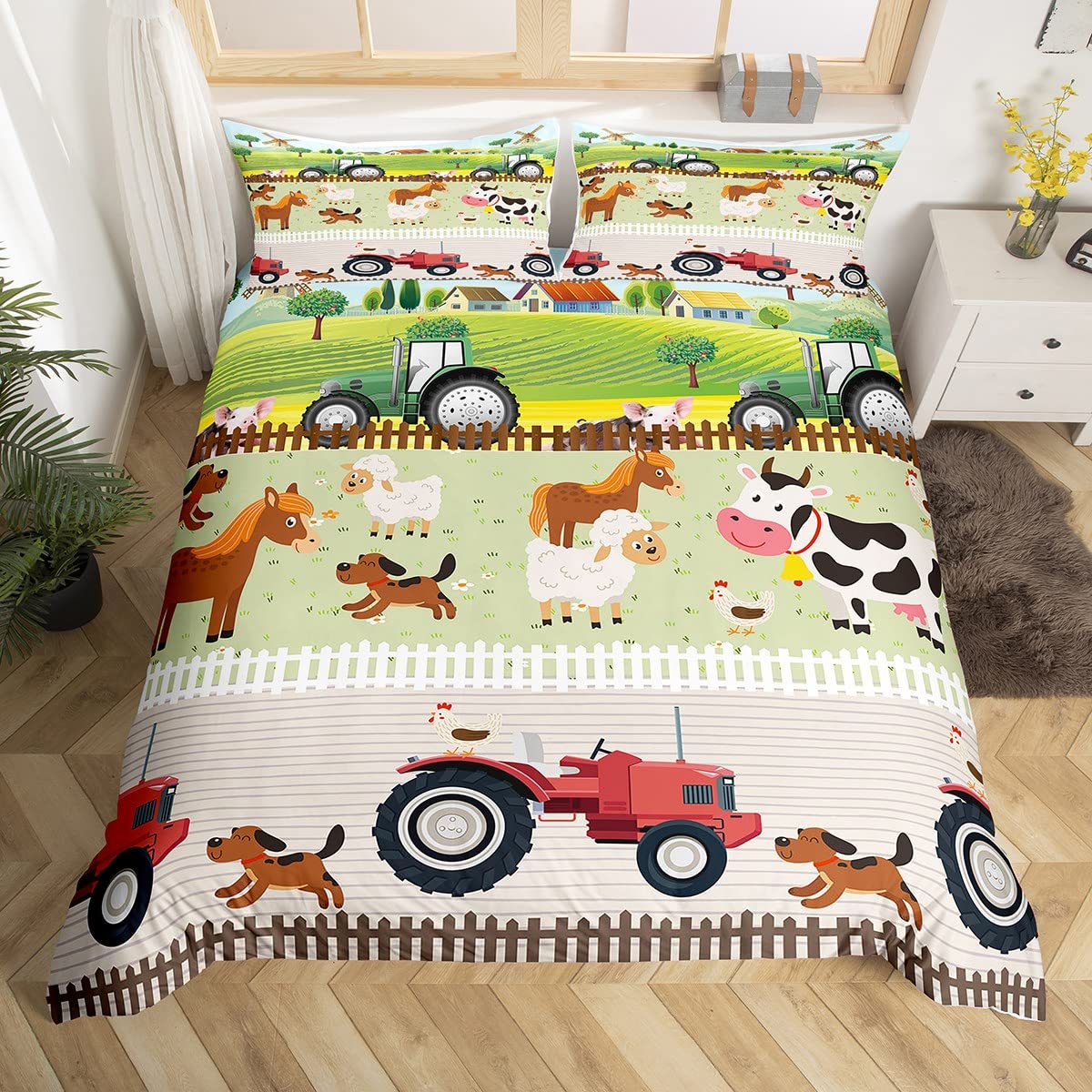 

Farm Animals King Queen Duvet Cover Cartoon Farmhouse Cow Pig Duck Bedding Set For Boys Girls Sheep Green Polyester Quilt Cover EU single(135x200cm)