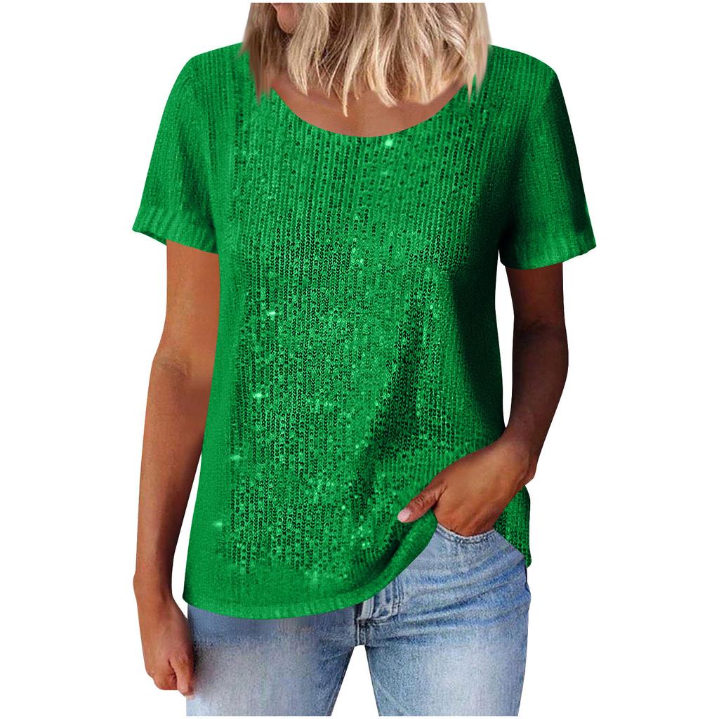 Women Multi Color Round Neck Short Sleeve Glitter Sparkle Casual Top
