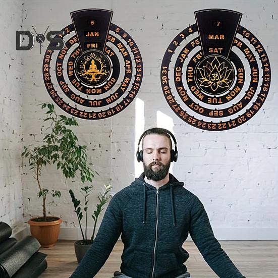 Dřevěný věčný kalendář s ručním otočným kruhovým nástěnným kalendářem, rustikální věčný kalendář pro domácí ložnici, meditační místnost, nástěnnou dekoraci