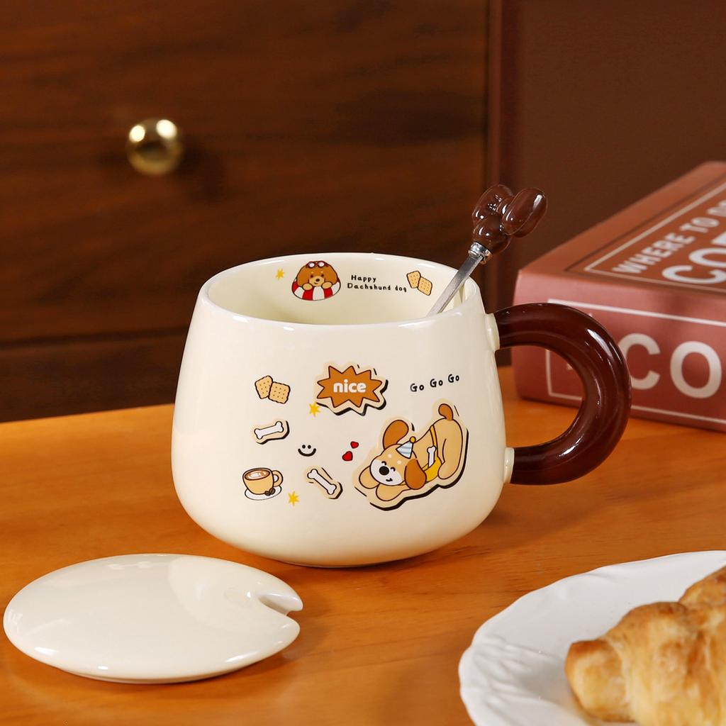 Dackel Keramik Wasserbecher Süße Tasse mit Deckel und Löffel Kreativer Jungenstil Kinder Frühstückstasse Große Kapazität