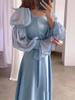 Elegante dame Street Wear Vrouwen Chiffon Satijnen Avondjurk Effen Kleur Vierkante Kraag Riem Flare Mouw Geplooide Vrouwelijke Jurken