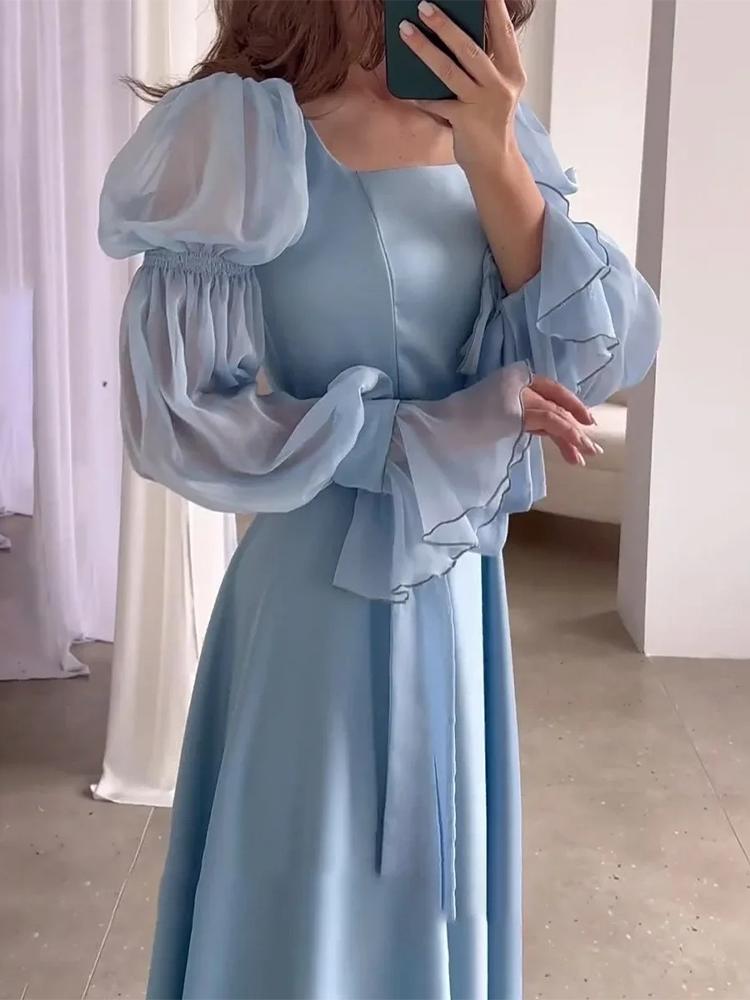 Elegante dame Street Wear Vrouwen Chiffon Satijnen Avondjurk Effen Kleur Vierkante Kraag Riem Flare Mouw Geplooide Vrouwelijke Jurken