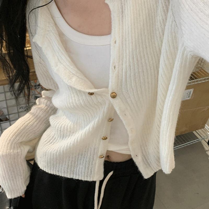 Gentle and lazy wind soft waxy crew neck knitted cardigan top women's autumn and winter new thin bottom sweater