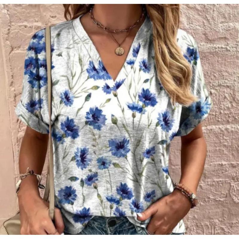 

Летний топ с V-образным вырезом, 3D винтажным цветочным принтом, модная повседневная женская футболка с коротким рукавом 5XL