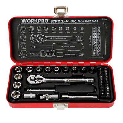 WORKPRO Socket Wrench Set Garage Tool Set Ratchet Wrench Drive Quick Release Ratchet Handle Tool Tool Set 37 Pieces Case 6.35mm (1/4 Inch) [Iron