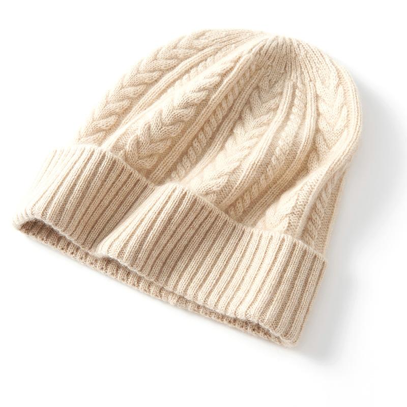 Cashmere Autumn and Winter New Women's High End Solid Color Wheat Cable Outdoor Fashion Cuffed Casual Knitted Hat