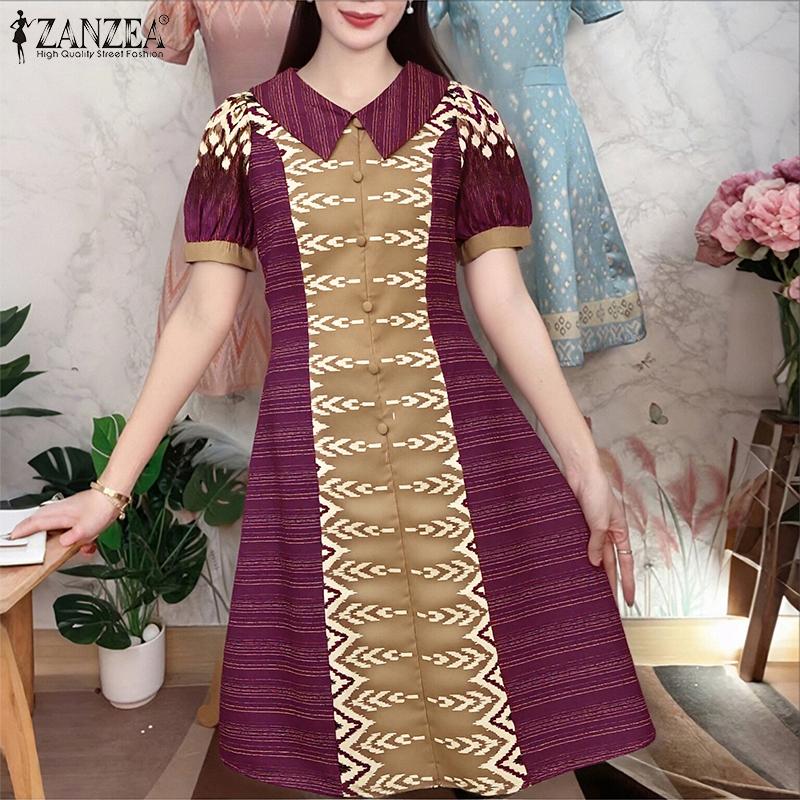 ZANZEA Women Casual Doll Collar Short Sleeve Ethnic Print Dress