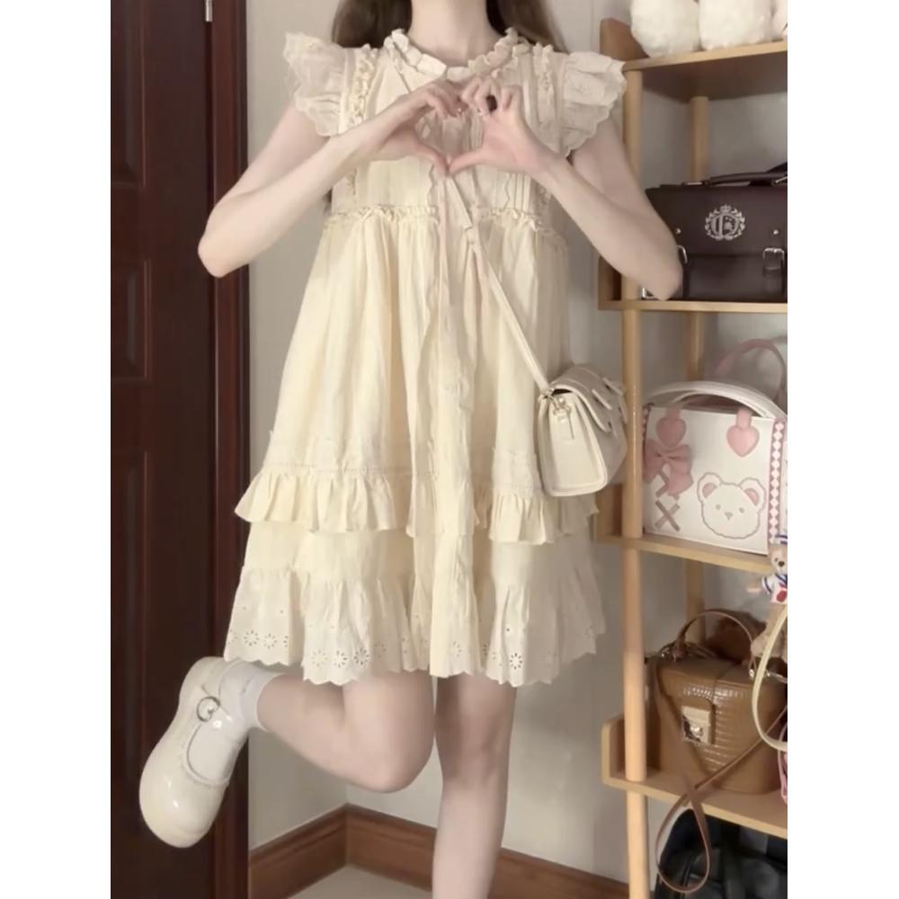 Milk Sweet Small Flying Sleeve Dress Women's Summer Small Retro Fungus Lace Princess Doll Short Dress