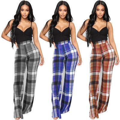 Fashion Women's Plaid Printed High Waist Wide Leg Pants Loose Trousers