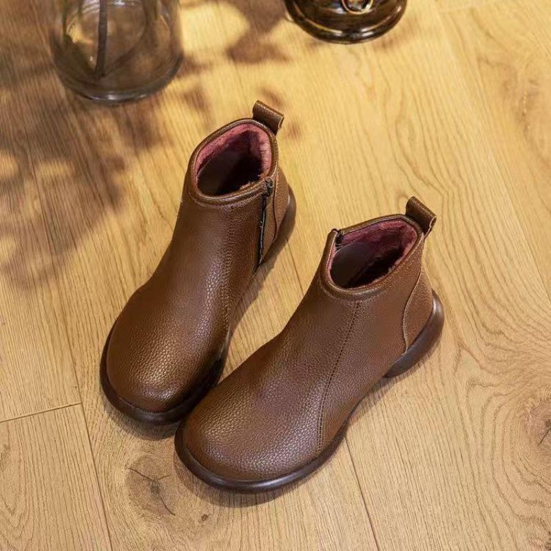 Retro round head medium heel short Martin boots autumn and winter new versatile fashion boots velvet leather boots