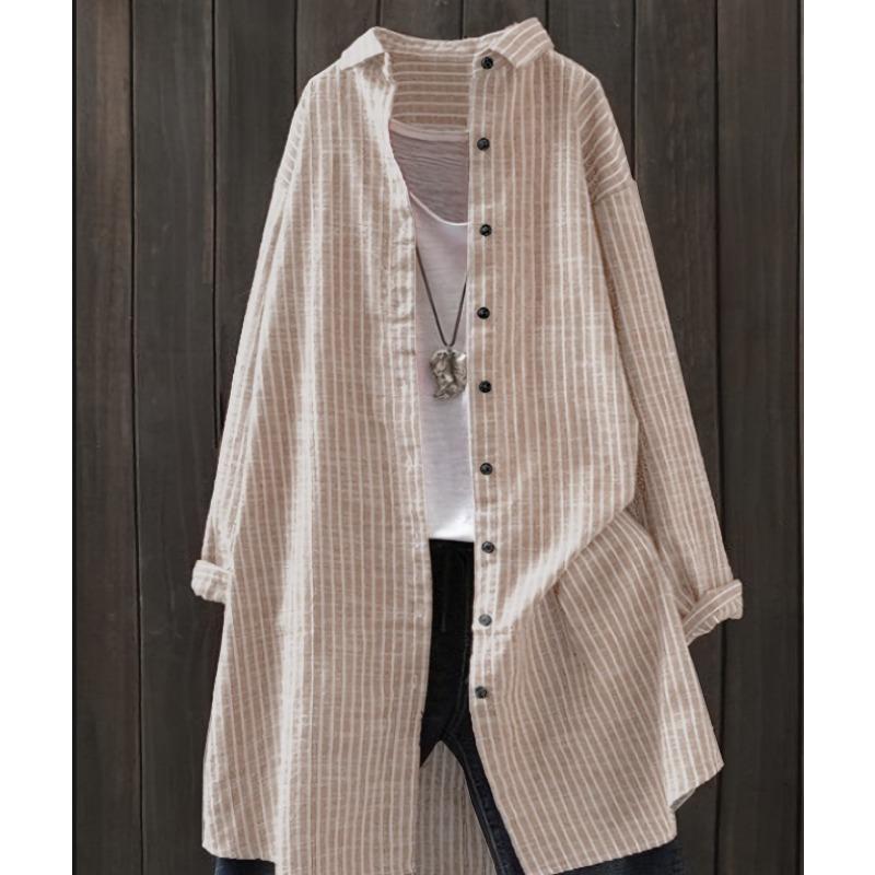 New Women's Cotton and Linen Striped Shirt, Mid Length Long Sleeved Pocket Top