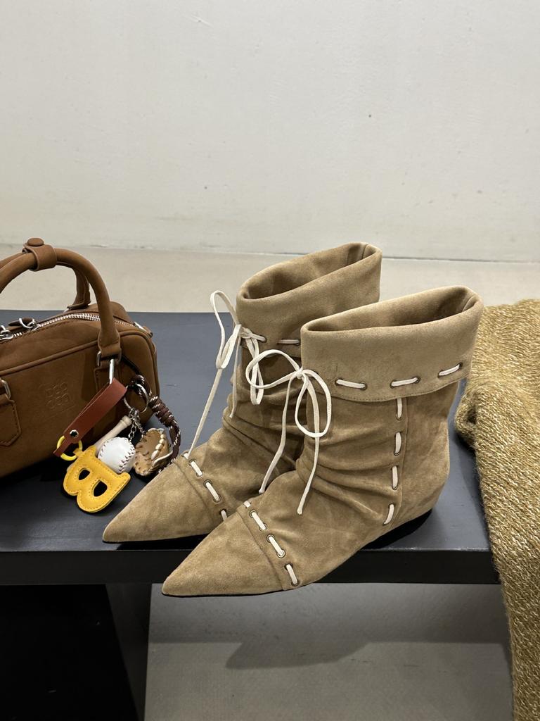 Inner Heightening Suede Pointed Lace-up Short Boots Women's 2025 Autumn and Winter New Korean Version of Western Cowboy Boots Sleeve Fashion Boots