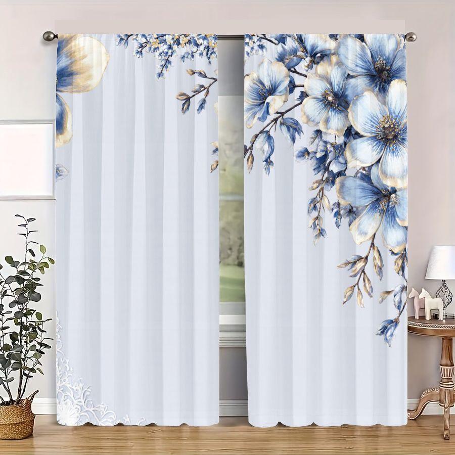 2PCS Digital Printed Curtains, Lace Blue Flowers Delicate Vintage Floral, Window Drapes for Living Room Bedroom Home Decoration