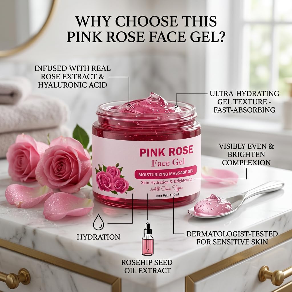 Rosa Rose Gesichtsgel | Feuchtigkeitsspendendes Massagelgel für Hautfeuchtigkeit & Aufhellung | Für Alle Hauttypen, 100ml