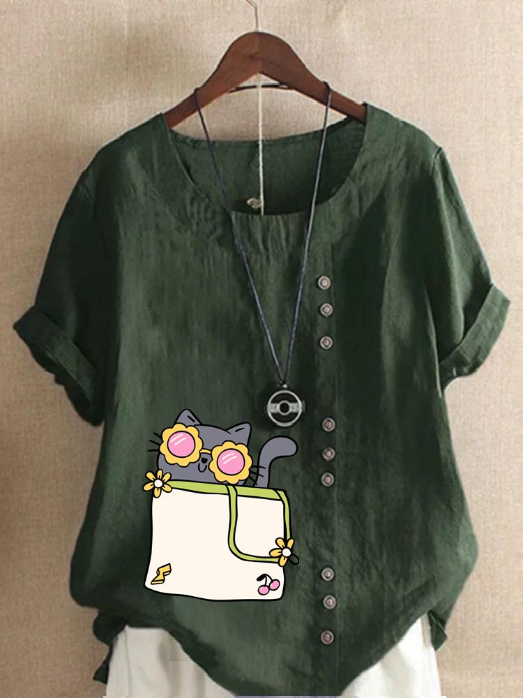 Women's Fashion Cat Print Casual Cotton Linen Short Sleeve Round Neck T-shirt Shirt Leisure Loose Summer Blouse Tops