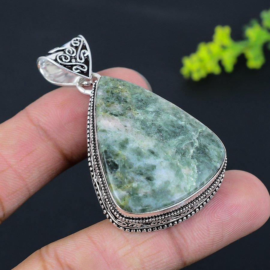 Natürlicher Seraphinit Edelstein Handgefertigter 925 Sterling Silber Anhänger 2,17" R1E46