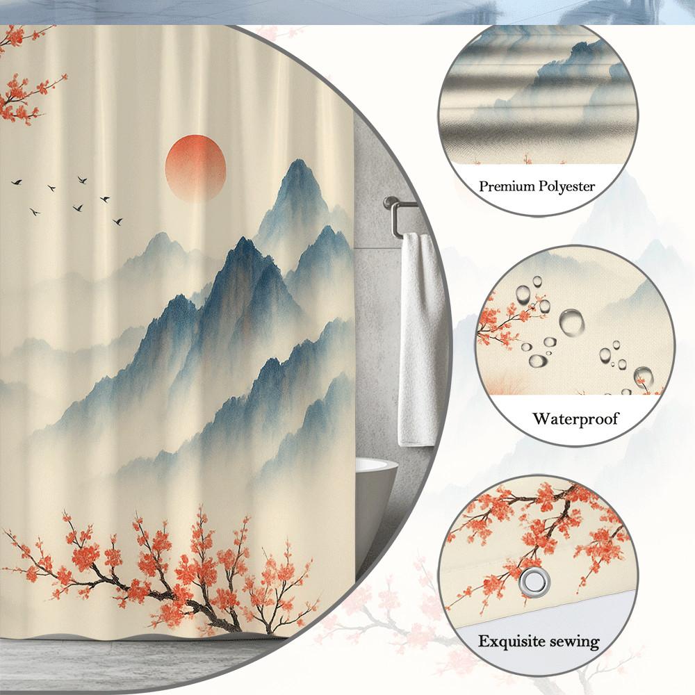 Chinese Ink Landscape Shower Curtain Cherry Blossom Mountains Misty Sky Traditional Art Decor Waterproof Simple Installation