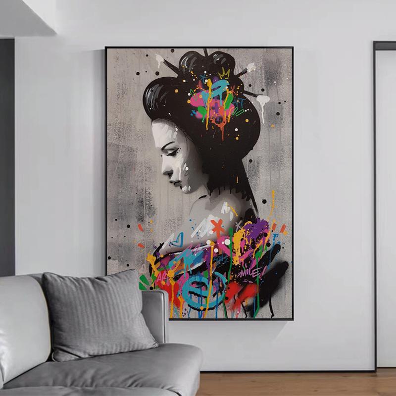 

Japan Woman Portrait Oil Paintings on Canvas Graffiti Wall Art Posters and Prints Wall Pictures for Living Room Decoration