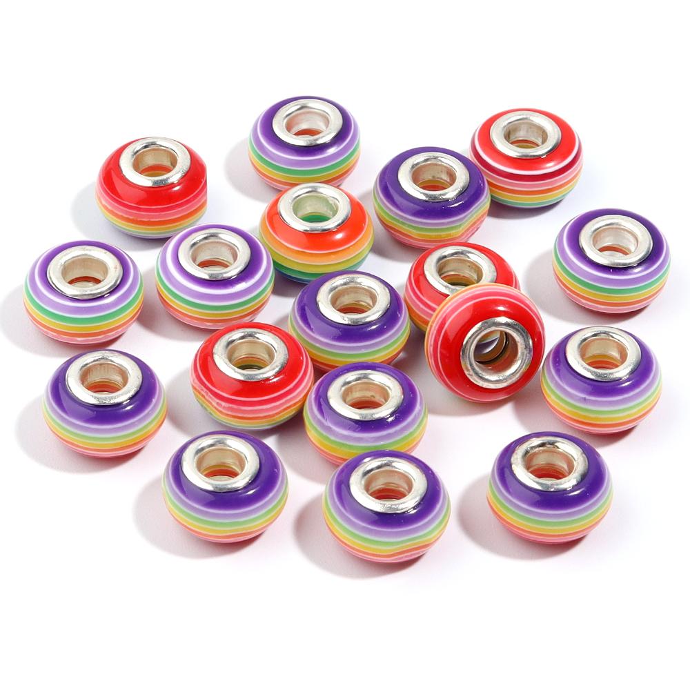 20pcs 14x8.5mm Resin Beads Rainbow Stripe Flat Round Big Hole Loose Beads For Jewelry Making DIY Bracelets Necklace Accessories