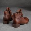 Johnature Retro einfarbige kurze Stiefel aus echtem Leder, runde Zehen, seitlicher Reißverschluss, niedriger Absatz, lässige Damenschuhe