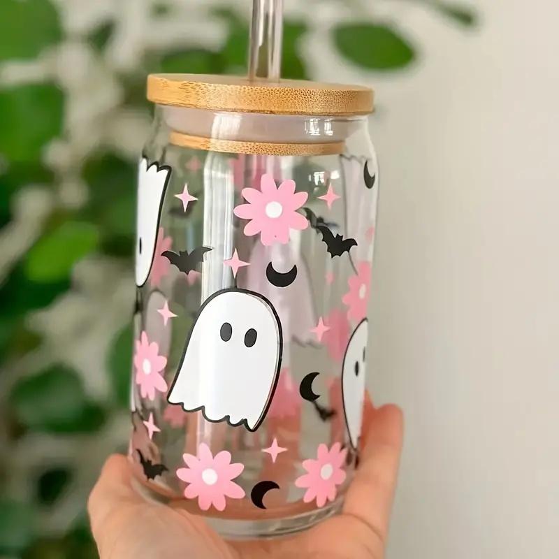 4 Set of 550ml/18.7oz Halloween Glass Jar with Bamboo Lid and Straw - Perfect for Cold Drinks, Suitable for Juice, Milk, Etc.