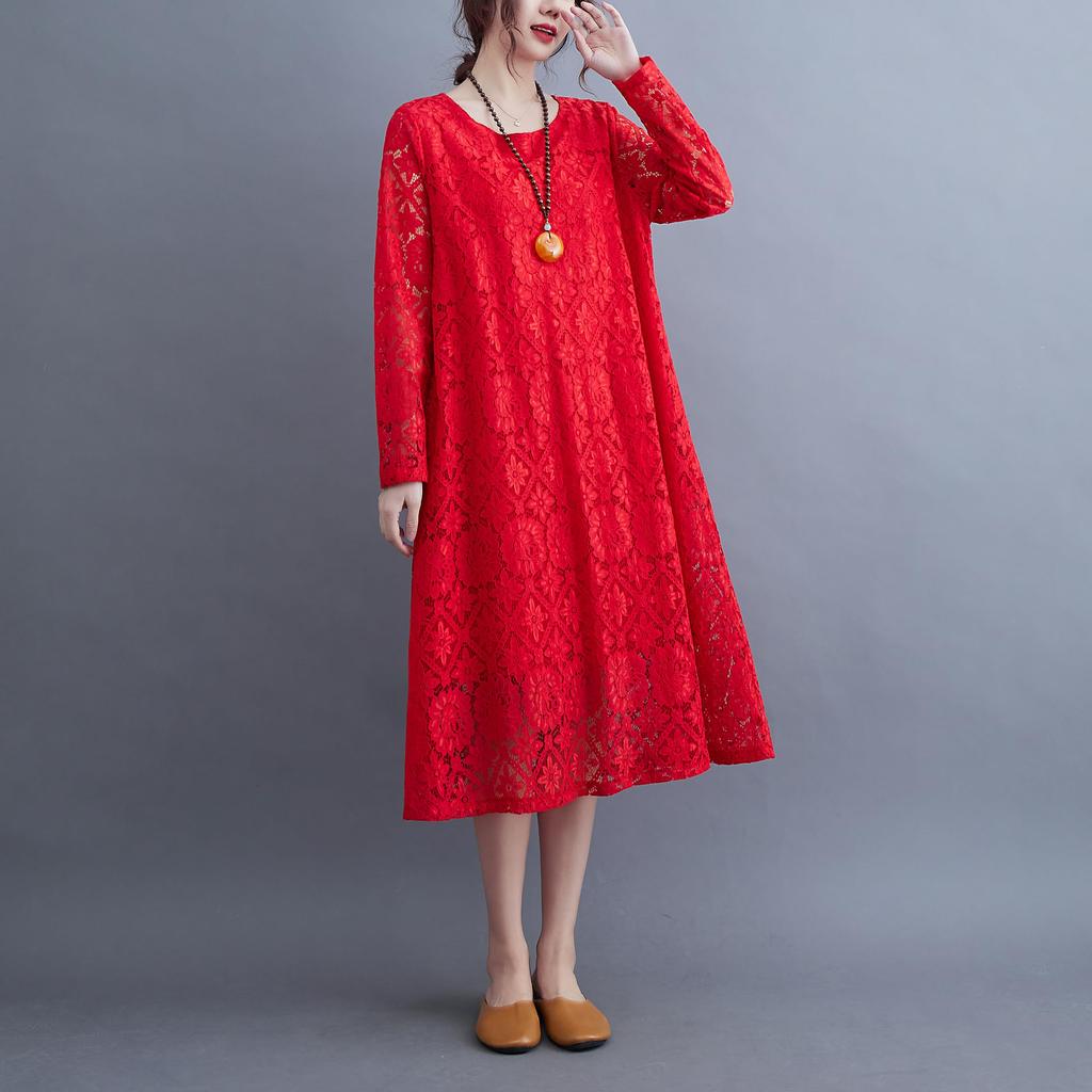 Hanmall Red Lace Long Plus Loose Perfect for and Round Flared Fashion Dress, Sleeve, Women's, Size, Figure-Flattering, Casual, Fit, Spring, Summer,