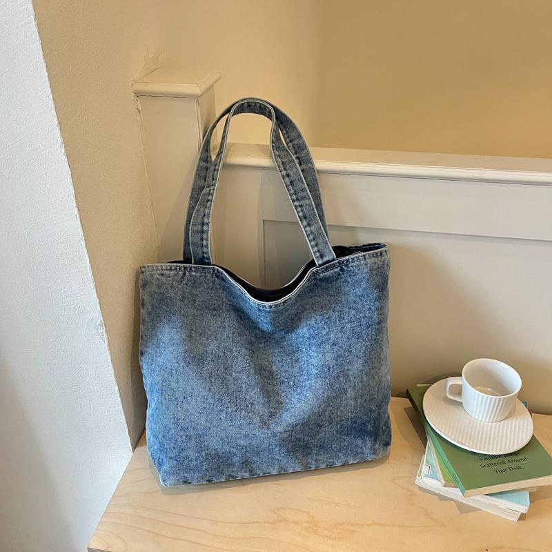 Casual Denim Tote Bag for Women Large Capacity Shoulder Handbag with Front Pocket