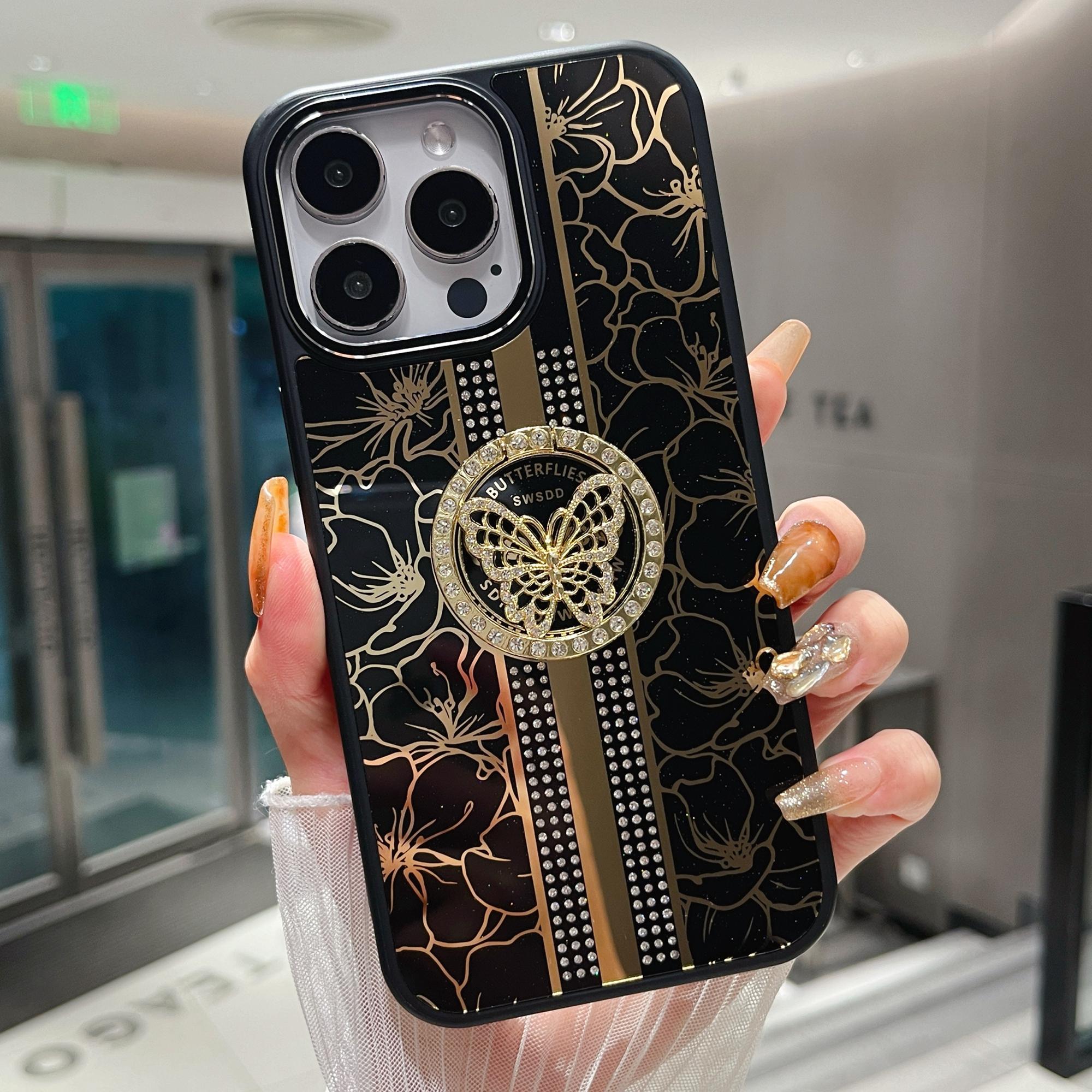 

For iPhone 16 Pro Max Case Flower Pattern TPU+PC Phone Back Cover with Butterfly Kickstand Black