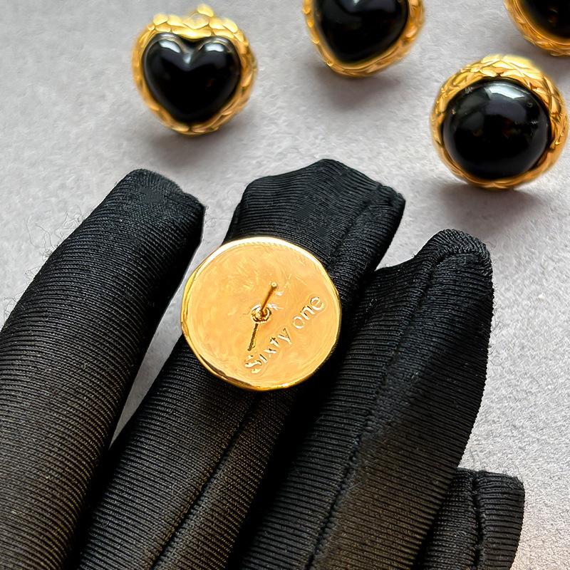 S silver needle black agate geometric earrings retro small simple stud earrings women's real gold electroplated ear jewelry