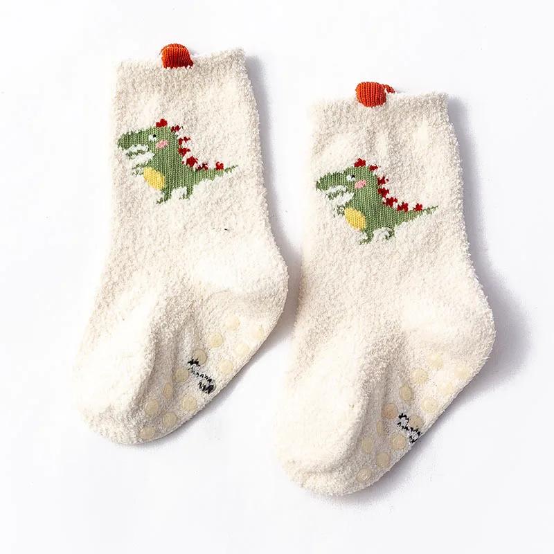 0-36M Autumn Winter Baby Newborn Coral Velvet Dinosaur Socks Boys and Girls Thick Floor Socks Toddler Antislip Warm Sleep Socks