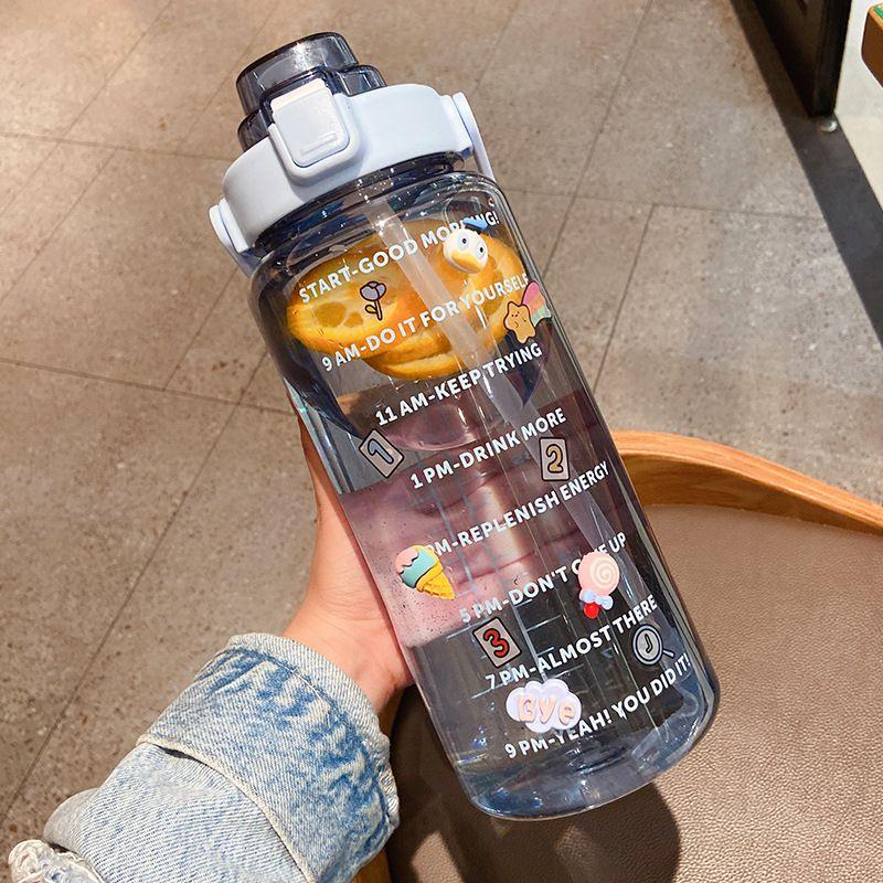 Large Capacity 2l Sports Straw Water Bottle With Time Marker And Fun Stickers