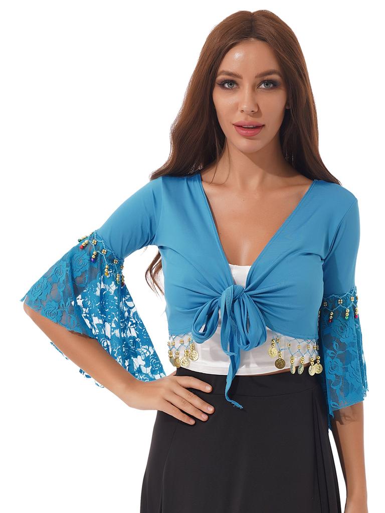 Womens Belly Dance Crop Top Lace Patchwork 3/4 Flared Sleeves Bell Bead Tassel Lace Up Detail Shawl Cardigan