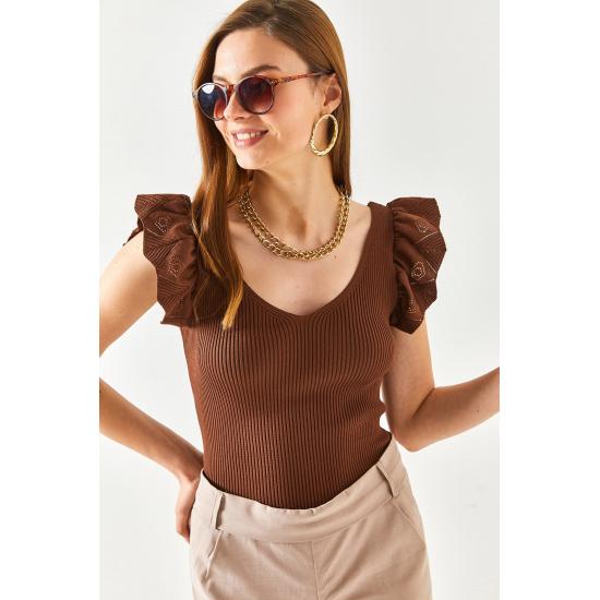 Women's Front Back V Neck Shoulder Frilly Knitwear Blouse