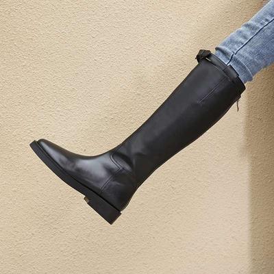 Chaussures en cuir de vache pour automne et hiver, bout rond, talons moyens, fermeture éclair, bottes hautes de luxe pour femmes