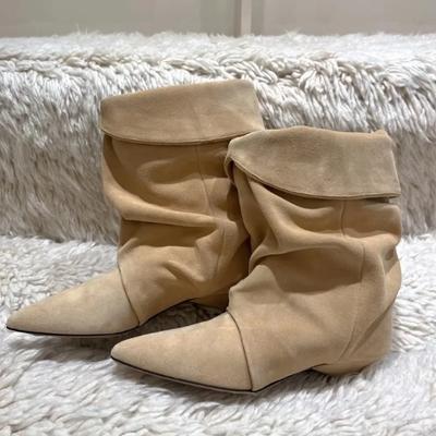 Kleine Nischen-Plissee-Stiefel für Damen Neue Herbst- und Winter-Kätzchenabsatz-Kurzschuhe Spitz Western-Cowboystiefel Damen