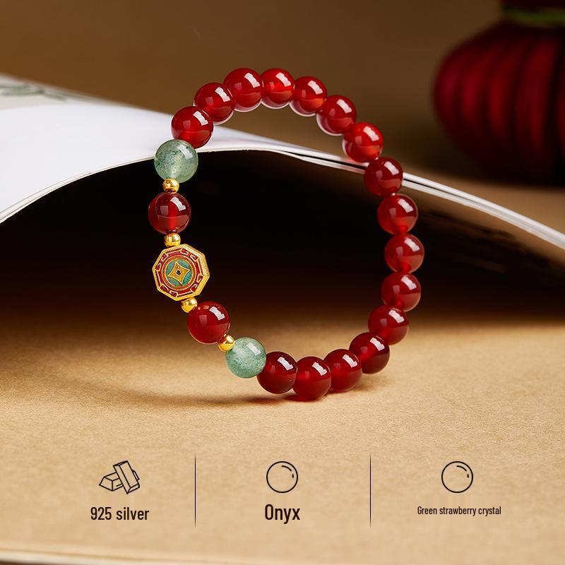 Red Agate & Green Strawberry Crystal Beaded Bracelet with S925 Sterling Silver and Enamel, Vintage Women's High-End Jewelry.